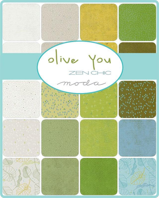 Olive You Charm Pack, Moda 1880PP, 5" Precut Modern Green GoGold Cream Ecru Black Gray Neutral Cotton Quilt Fabric, Zen Chic