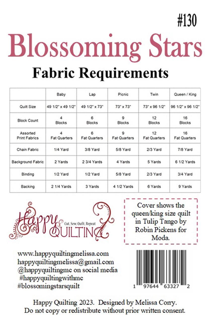 Blossoming Stars Quilt Pattern, Happy Quilting HQ130, Fat Quarter FQ Friendly Baby Lap Picnic Twin Queen King Square Bed Quilt Pattern