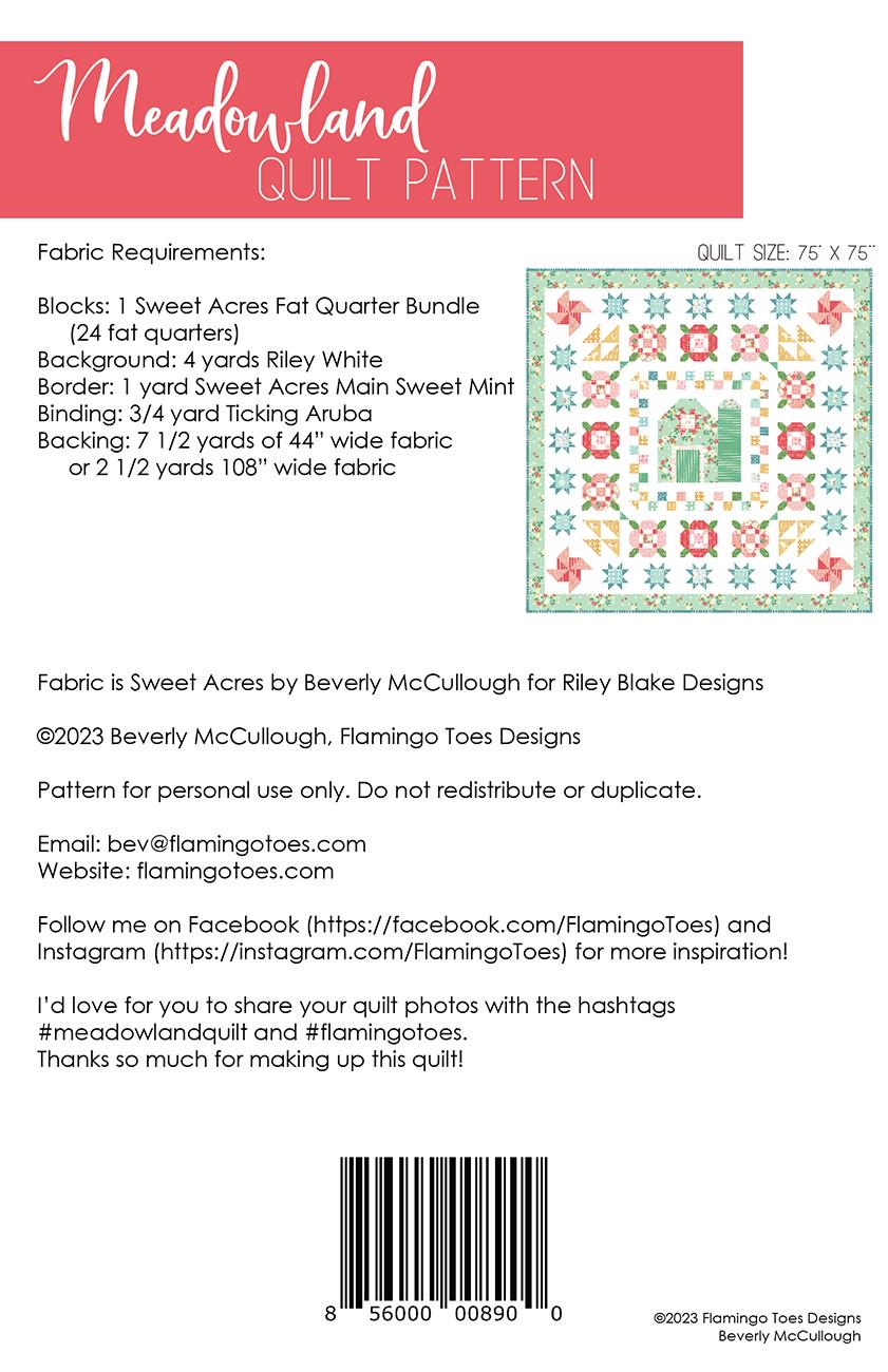 Meadowland Quilt Pattern, Flamingo Toes FT8900, Fat Quarters Fq Friendly Flowers Barn Silo Square Throw Quilt Pattern, Beverly McCullough