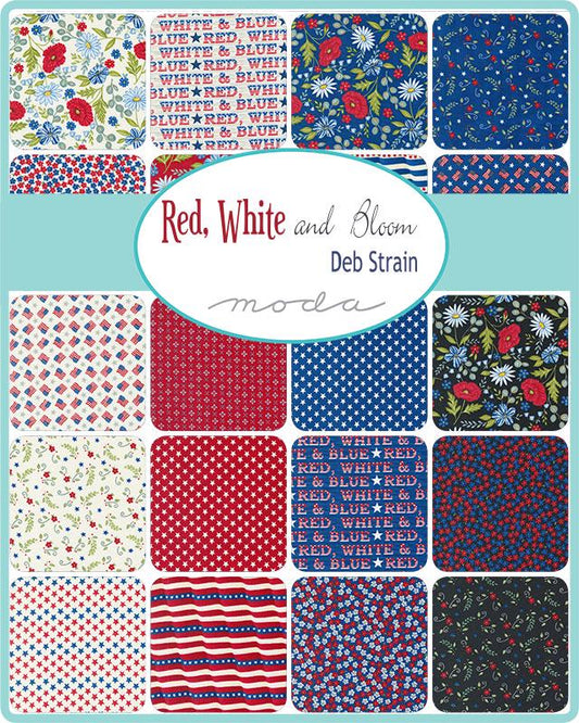Red White and Bloom Charm Pack, Moda 56110PP, 5" Precut Independence Day Patriotic Charm Pack Fabric Squares, Deb Strain