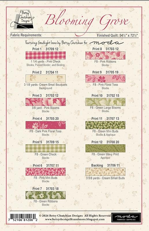 Blooming Grove Quilt Pattern, Betsy Chutchian Designs BCD2002, Fat Eighths F8 Yardage Friendly Lap Throw Flower Irish Chain Quilt Pattern