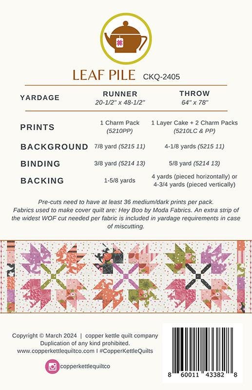 Leaf Pile Quilt Pattern, Copper Kettle Quilt Co CKQ2405, Charm Squares Layer Cake Friendly Autumn Fall Leaves Runner Lap Throw Quilt Pattern