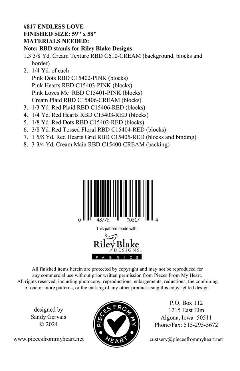 Endless Love Quilt Pattern, Pieces From My Heart PH817, Yardage Friendly Large Heart Stars Lap Throw Quilt Pattern, Valentine, Sandy Gervais