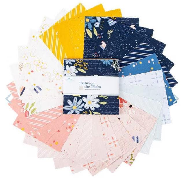 Between the Pages 5" Stacker, Riley Blake 5-15370-42, 5" Precut Pink Yellow Blue Floral Fabric Squares, Fran Gulick, Cotton and Joy