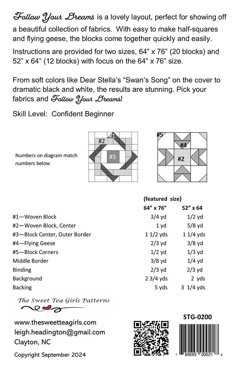 Follow Your Dreams Quilt Pattern, The Sweet Tea Girls STG0200, Yardage Friendly Flower Lap Throw Quilt Pattern