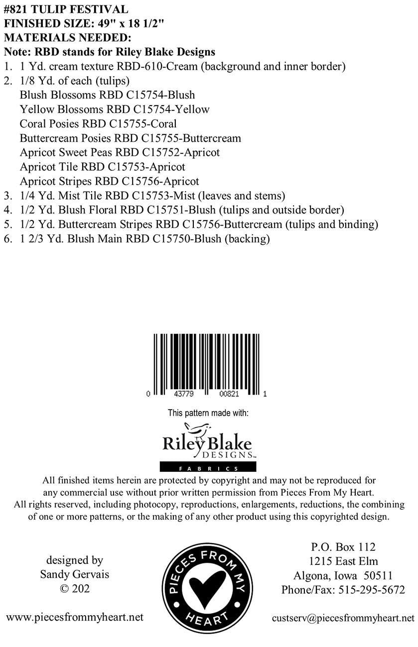 Tulip Festival Quilt Runner Pattern, Pieces From My Heart PH821, Yardage Friendly Spring Flowers Tulips Table Runner Pattern, Sandy Gervais