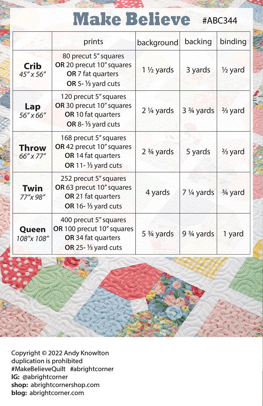 Make Believe Quilt Pattern, A Bright Corner ABC344, Precut Friendly Baby Lap Throw Twin Queen Easy Beginner Quilt Pattern, Andy Knowlton