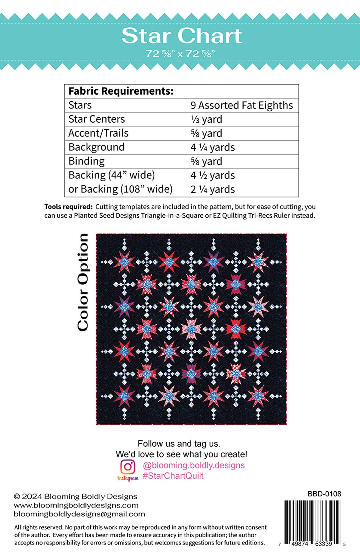 Star Chart Quilt Pattern, Blooming Boldly BBD0108, Fat Eighths F8 Friendly Stars Throw Quilt Pattern, Leslie Ryan