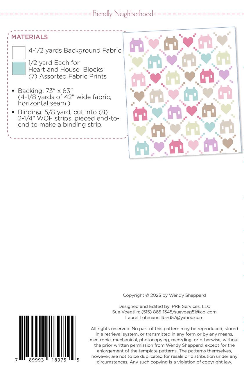 Friendly Neighborhood Quilt Pattern, Wendy Sheppard WS70, Half Yard Yardage Friendly Houses Hearts Irish Chain Throw Quilt Pattern
