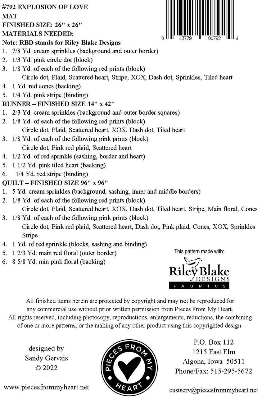 Explosion of Love Topper Runner and Quilt Pattern, Pieces From My Heart PH792, Yardage Friendly Hearts Star Quilt Pattern, Sandy Gervais