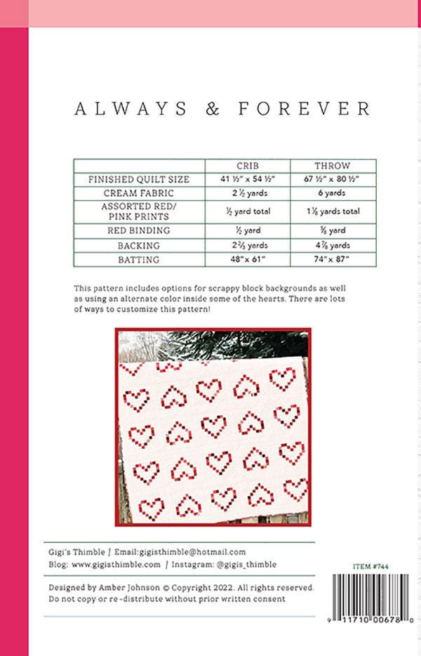 Always and Forever Quilt Pattern, Gigi's Thimble GT744, Yardage Friendly Outlined Hearts Crib Throw Quilt Pattern, Valentine's Day Quilt