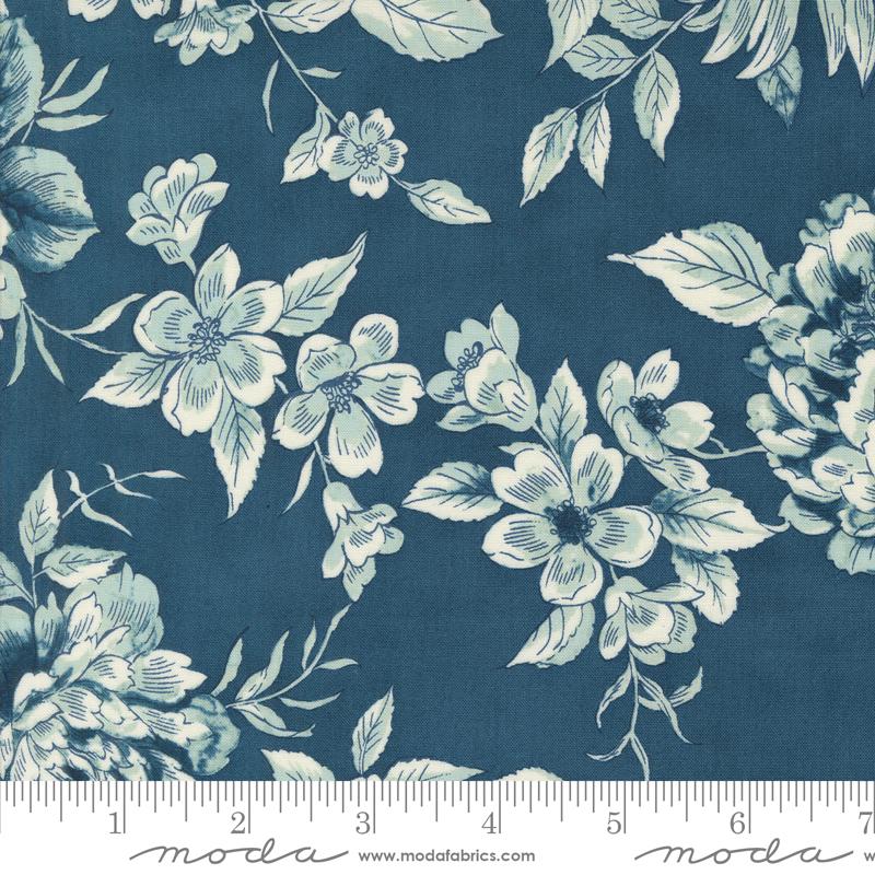 108" Sandalwood - Indigo Blue Cream Floral Wide Quilt Back Fabric, Moda 108019 14, Cotton Sateen Quilt Backing, By the Yard