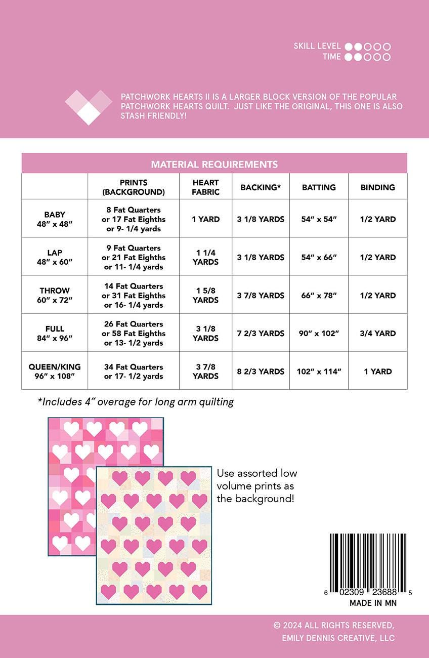 Patchwork Hearts II Quilt Pattern, Quilty Love QL156, Fat Quarter Eighths Yardage Friendly Valentine's Day Love Wedding Hearts Quilt Pattern