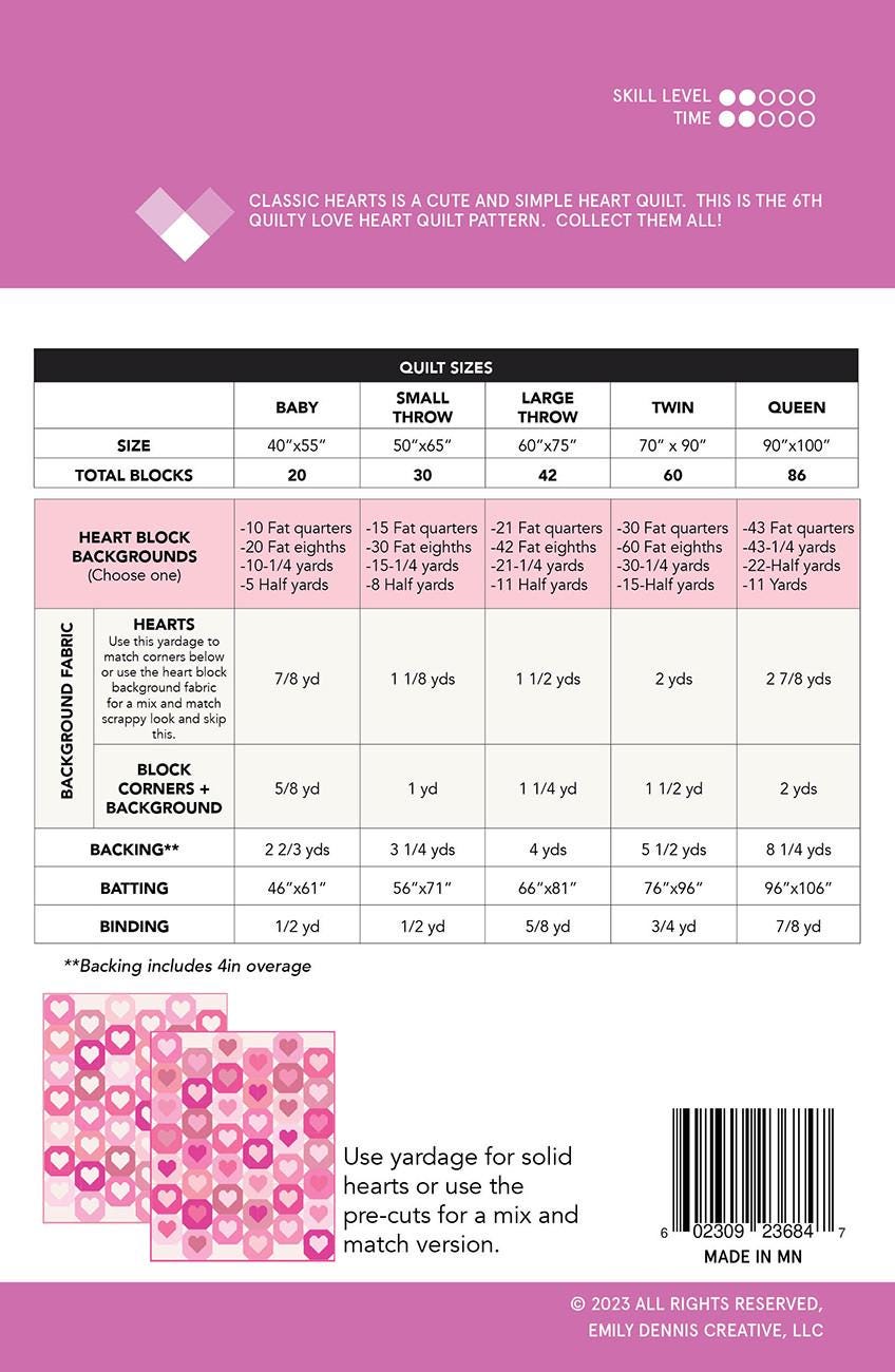 Classic Hearts Quilt Pattern, Quilty Love QL152, Fat Quarter Eighths Yardage Friendly Valentine's Day Love Wedding Hearts Quilt Pattern