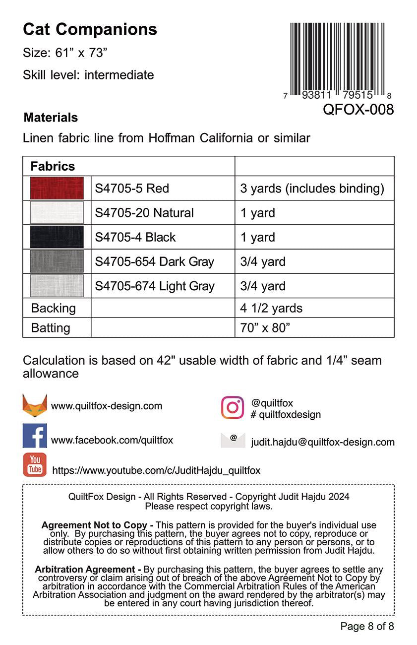 Cat Companions Quilt Pattern, QuiltFOX QFOX008, Yardage Friendly Kitty Cat Throw Quilt Pattern, Judit Hajdu