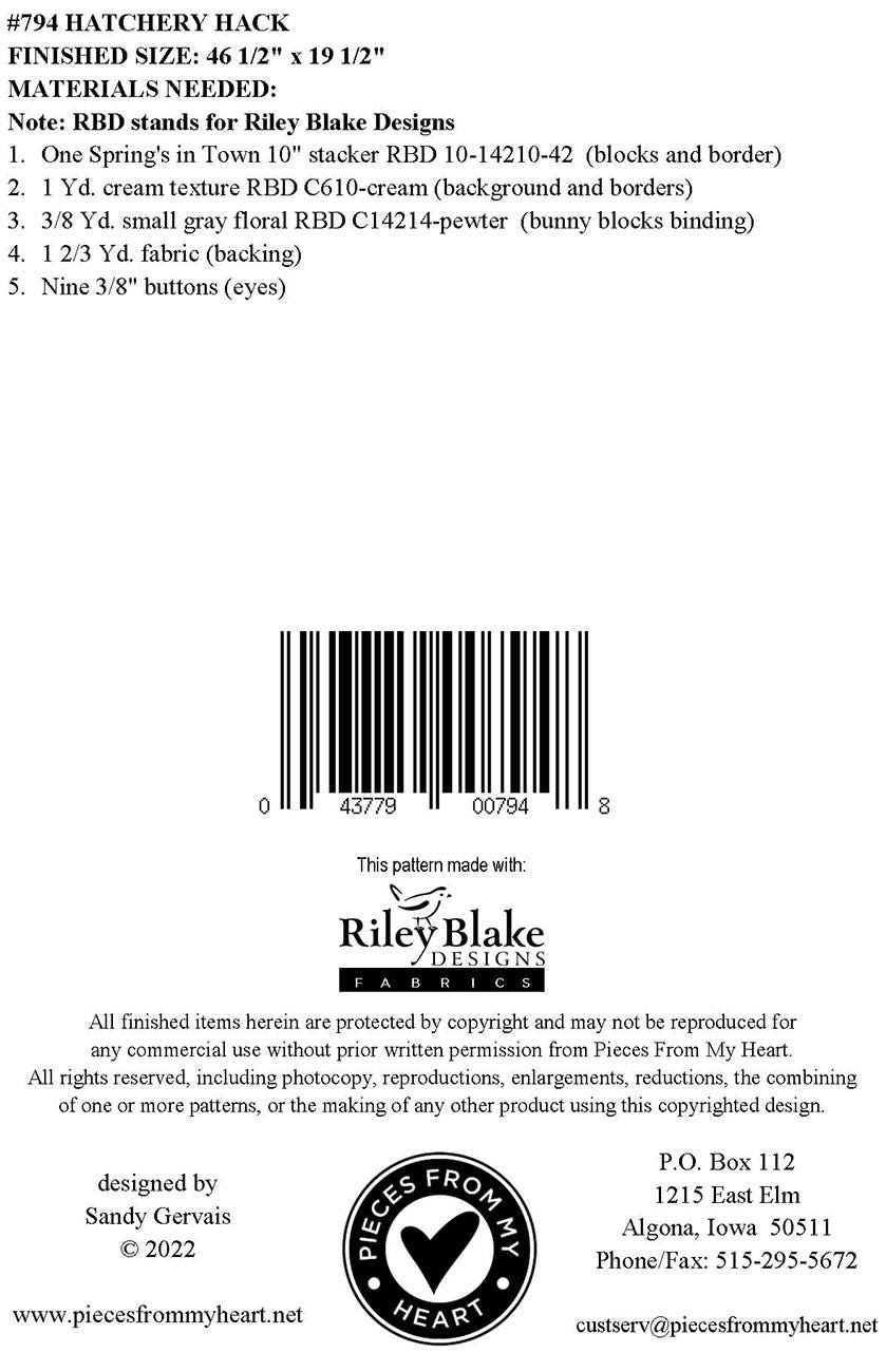 Hatchery Hack Quilt Runner Pattern, Pieces From My Heart PH794, Yardage Friendly Spring Easter Bunny Chicks Table Runner Pattern, Gervais