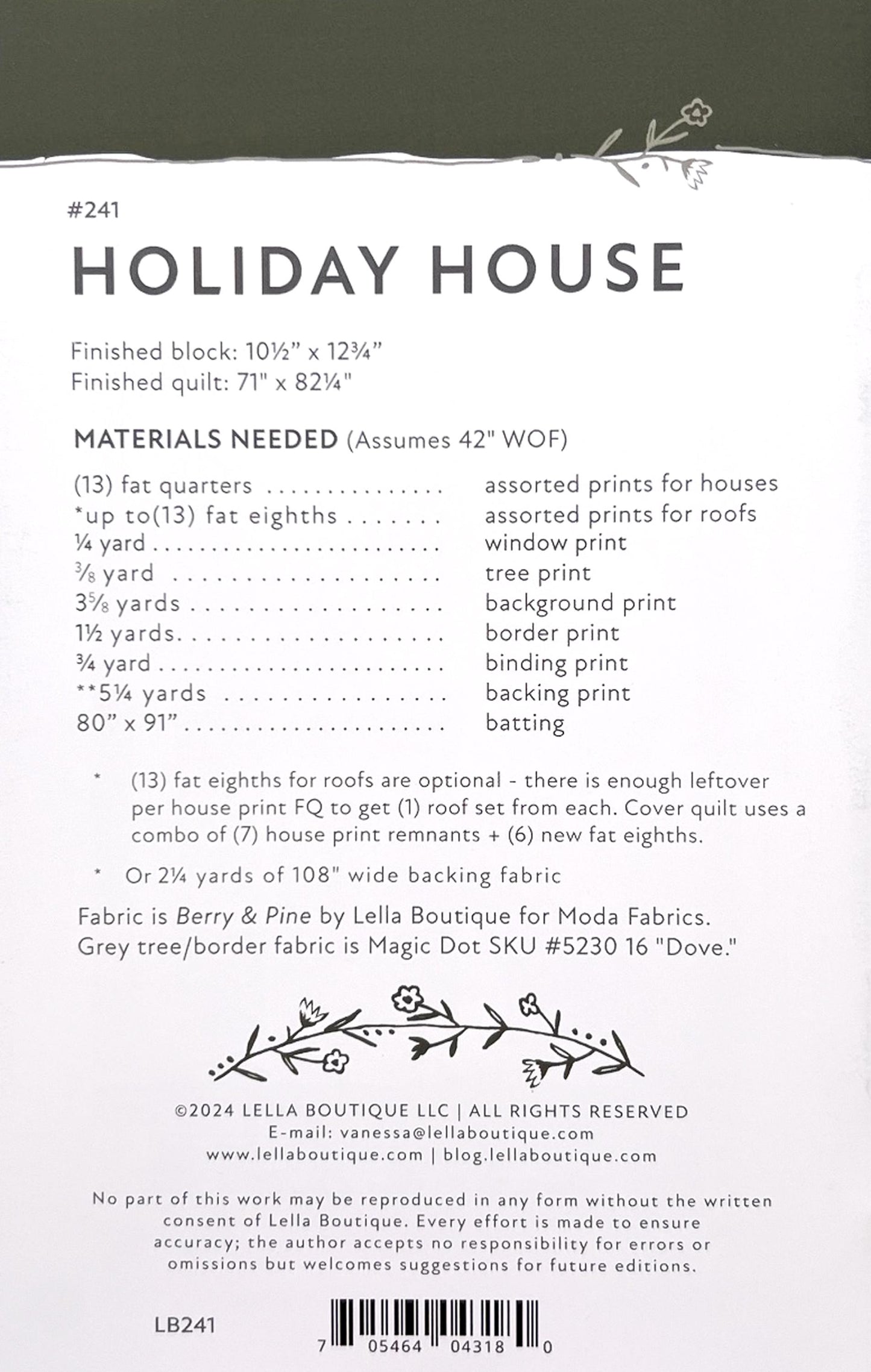 Holiday House Quilt Pattern, Lella Boutique LB241, Fat Quarter Eighths F8 FQ Friendly Christmas Xmas Houses Trees Throw Quilt Pattern