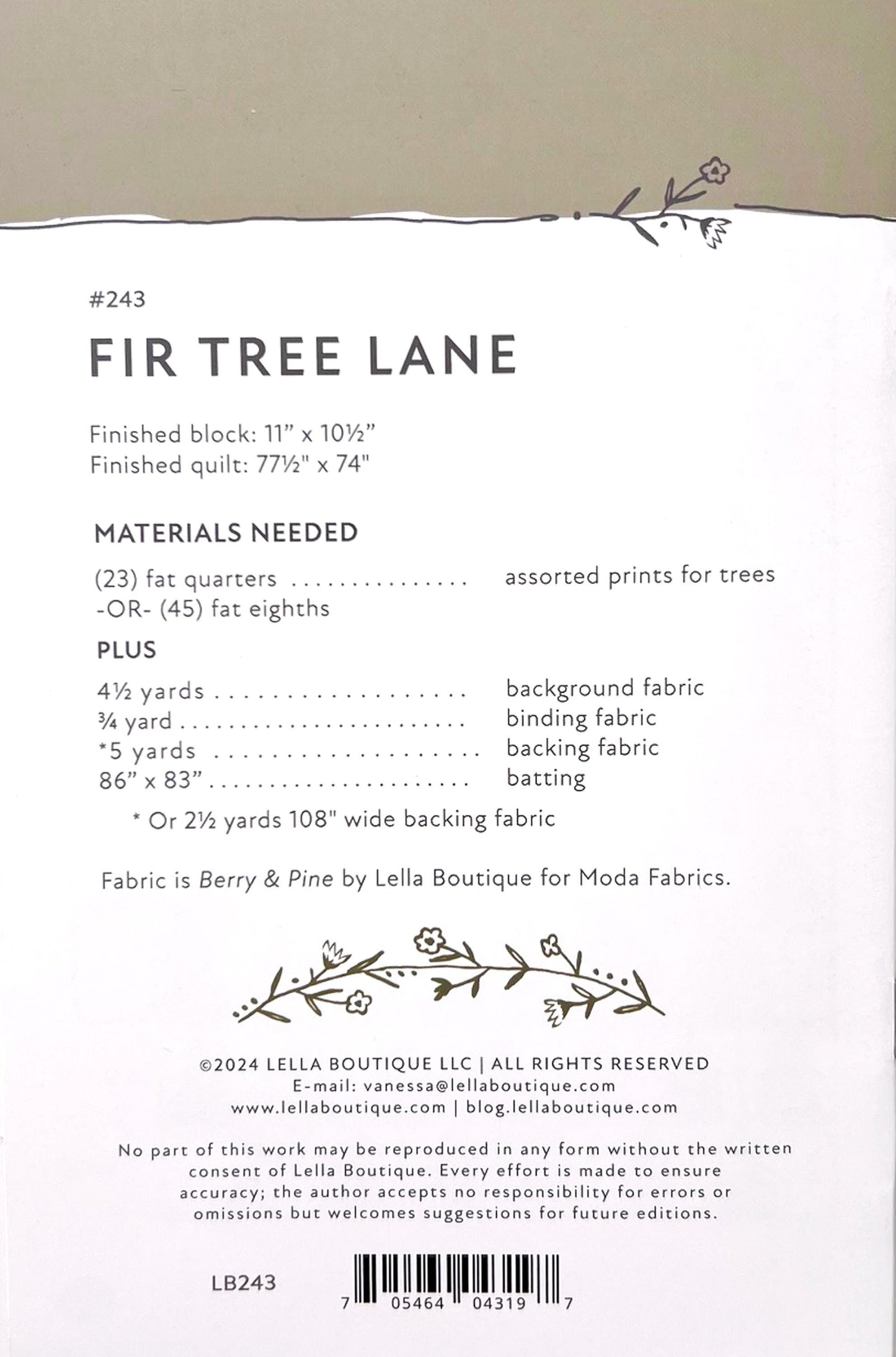 Fir Tree Lane Quilt Pattern, Lella Boutique LB243, Fat Quarter Eighths F8 FQ Friendly Christmas Xmas Trees Throw Quilt Pattern