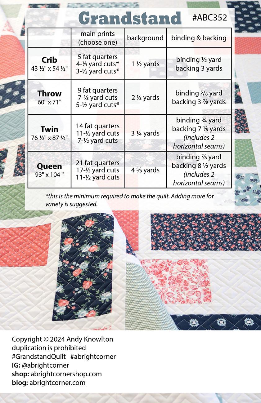 Grandstand Quilt Pattern, A Bright Corner ABC352, Fat Quarter FQ Yardage Friendly Easy Crib Throw Twin Queen Bed Quilt Pattern, Knowlton
