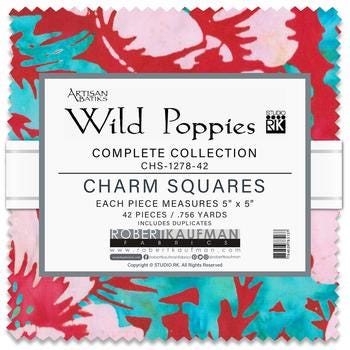 Artisan Batiks Wild Poppies Charm Squares, Robert Kaufman CHS-1278-42, Floral Batik Charm Pack, 5" Precut Fabric Squares