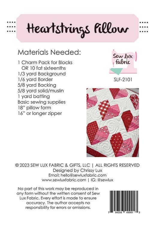 Heartstrings Pillow Quilt Pattern, Sew Lux Fabric SLF2101, Charm Square or Fat Sixteenths Friendly Hearts Pillow Cover Pattern, Heart Pillow