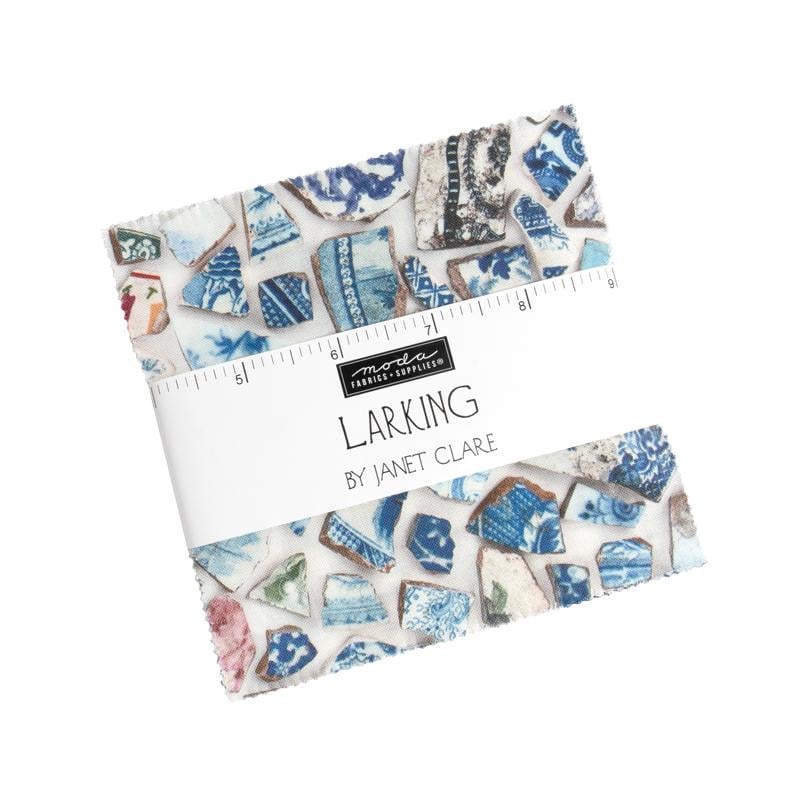 Larking Charm Pack, Moda 24630PP, 5" Precut Quilt Fabric Squares, Blue Green Cream Broken China Mosaic Fabric, Janet Clare