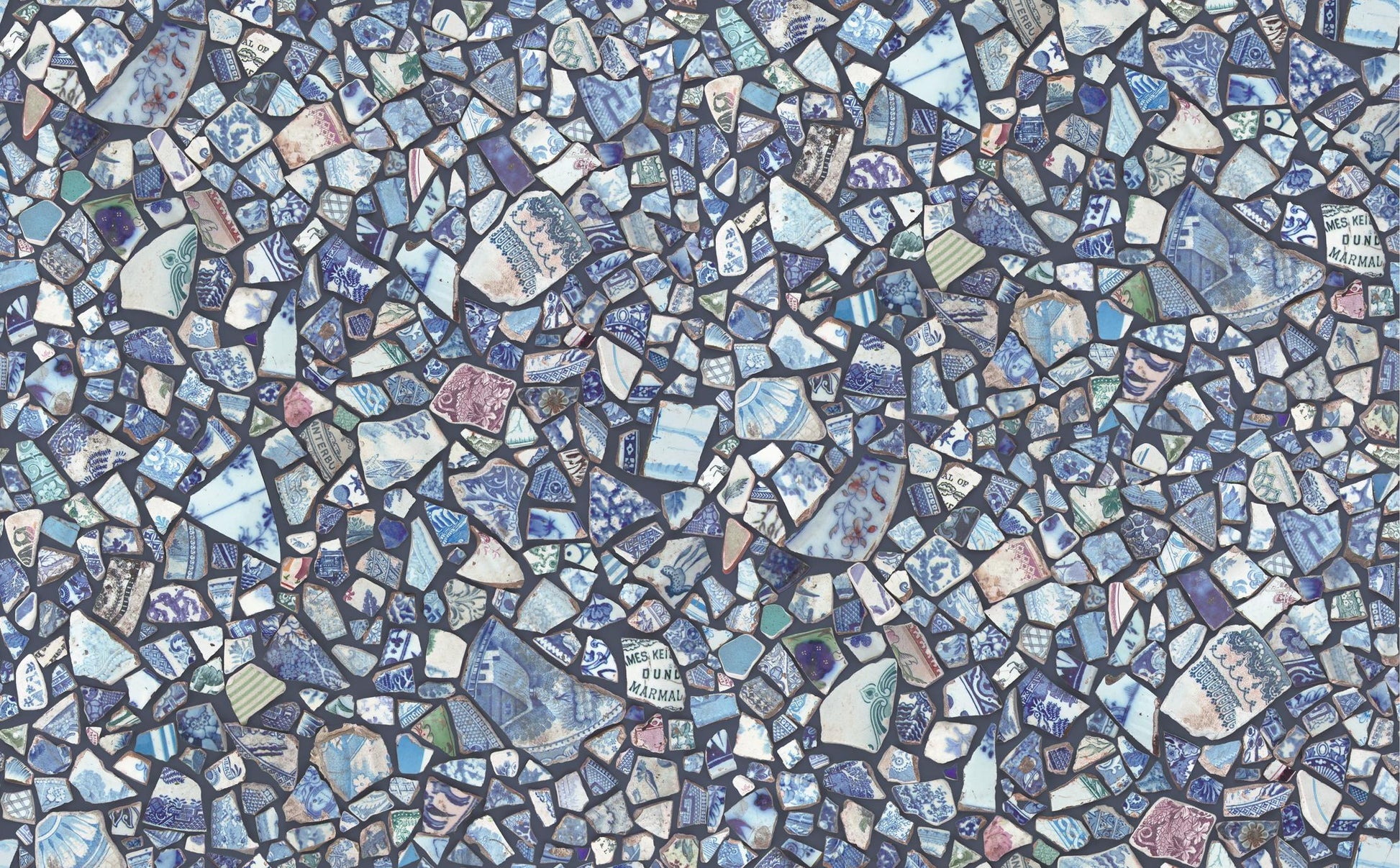 Larking Charm Pack, Moda 24630PP, 5" Precut Quilt Fabric Squares, Blue Green Cream Broken China Mosaic Fabric, Janet Clare