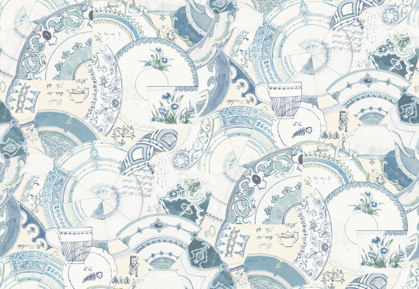 Larking Charm Pack, Moda 24630PP, 5" Precut Quilt Fabric Squares, Blue Green Cream Broken China Mosaic Fabric, Janet Clare