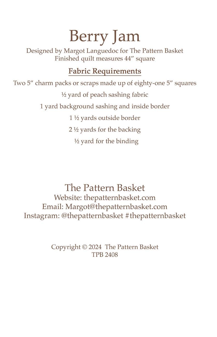 Berry Jam Quilt Pattern, The Pattern Basket TPB2408, Charm Pack 5" Squares Friendly Baby Lap Throw Table Quilt Pattern