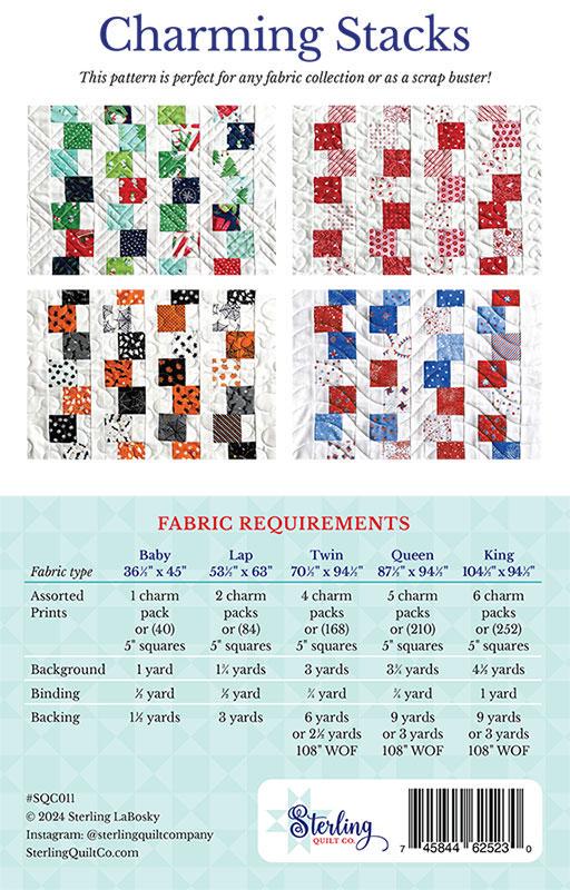 Charming Stacks Quilt Pattern, Sterling Quilt Co SQC011, Charm Pack Friendly Easy Baby Twin Throw Queen King Bed Quilt Pattern
