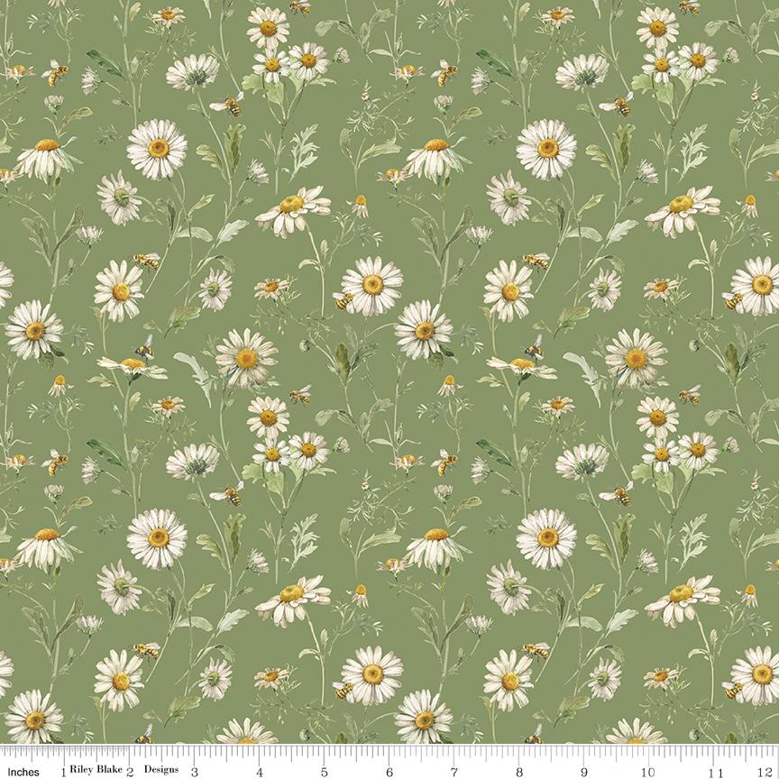 Love Me More - Daisies on Green Fabric, Riley Blake CD15633-Green, Spring Floral Daisy Fabric, Lisa Audit, By the Yard