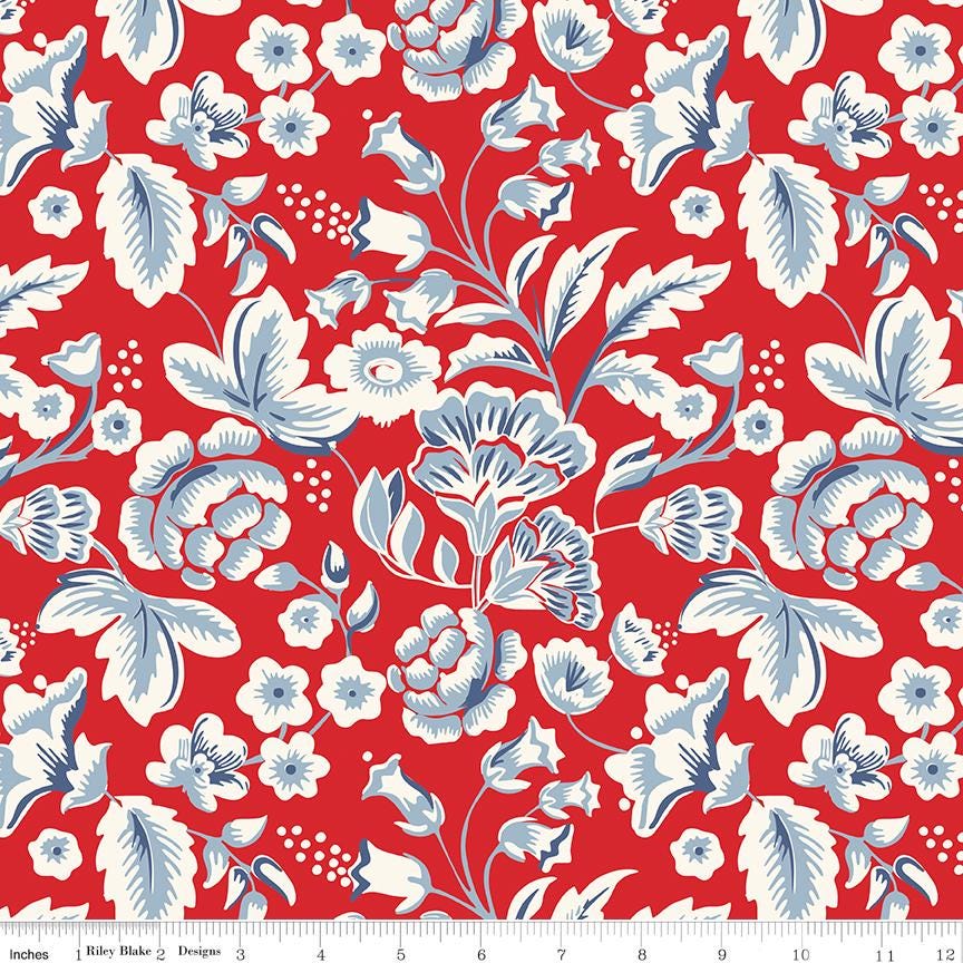 Freedom Garden 5" Stacker, Riley Blake 5-15620-42, 5" Precut Red White Blue Patriotic Floral Quilt Fabric Squares, My Mind's Eye