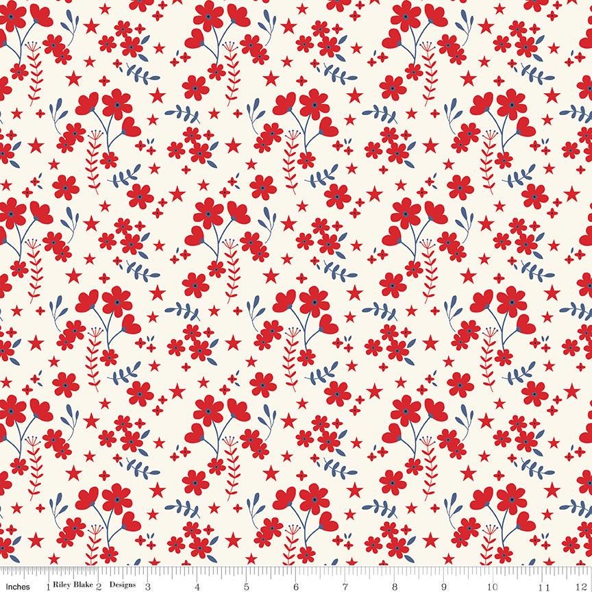 Freedom Garden 5" Stacker, Riley Blake 5-15620-42, 5" Precut Red White Blue Patriotic Floral Quilt Fabric Squares, My Mind's Eye
