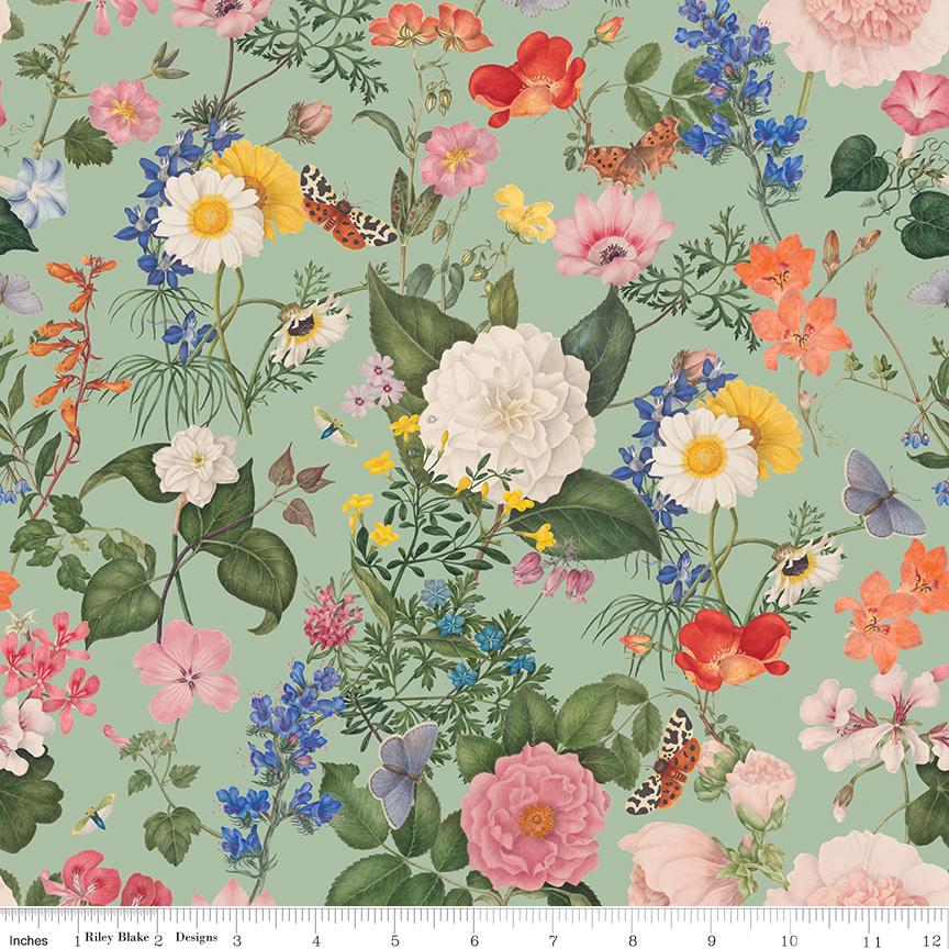 Nature's Portrait 15 Fat Quarter Bundle, Riley Blake FQ-15670-15, Precut 18 x 22 Floral Fabric in Green Pink and Tan, Royal Horticultural