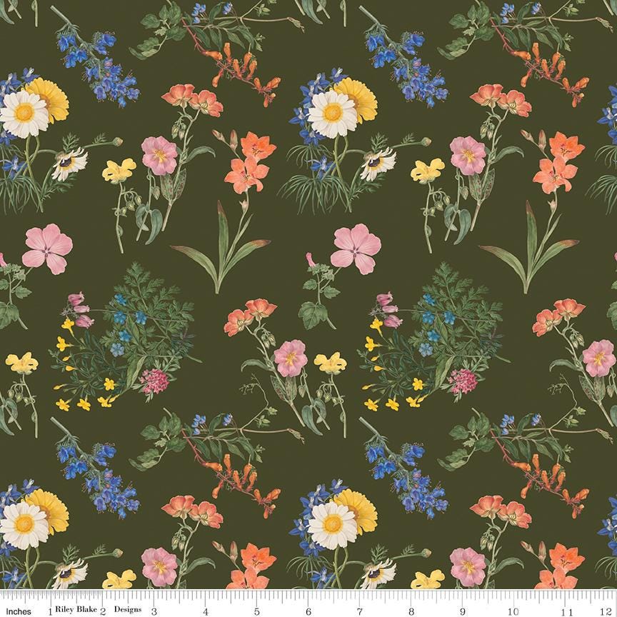 Nature's Portrait 15 Fat Quarter Bundle, Riley Blake FQ-15670-15, Precut 18 x 22 Floral Fabric in Green Pink and Tan, Royal Horticultural