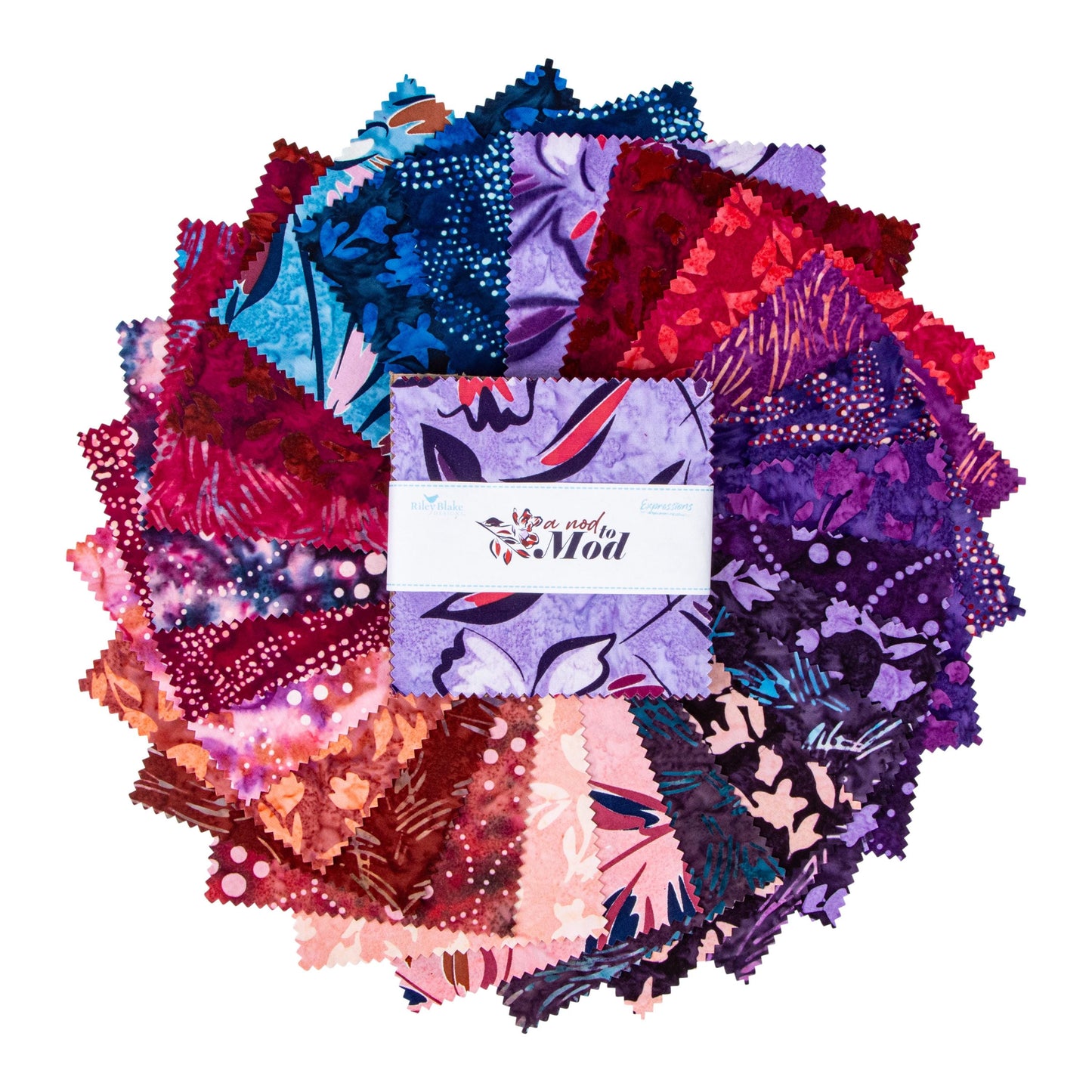 Expressions Batiks A Nod to Mod Rolie Polie, Riley Blake RP-23065-40, 2.5" Precut Purple Blue Peach Pink Batik Fabric Strips