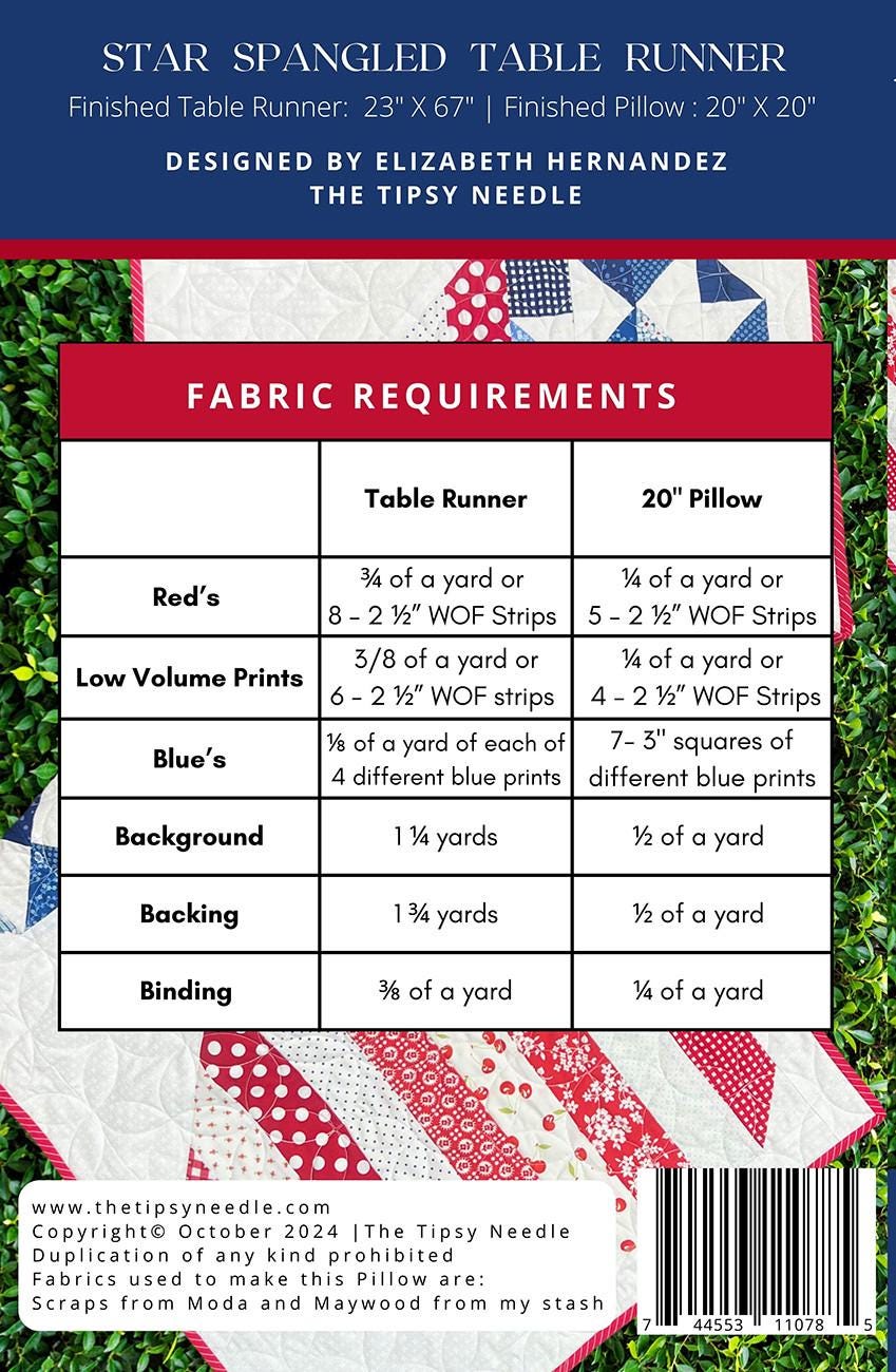 Star Spangled Table Runner and Pillow Quilt Pattern, The Tipsy Needle TTN138, 2.5" Strips Yardage Friendly Patriotic Table Quilt Pattern