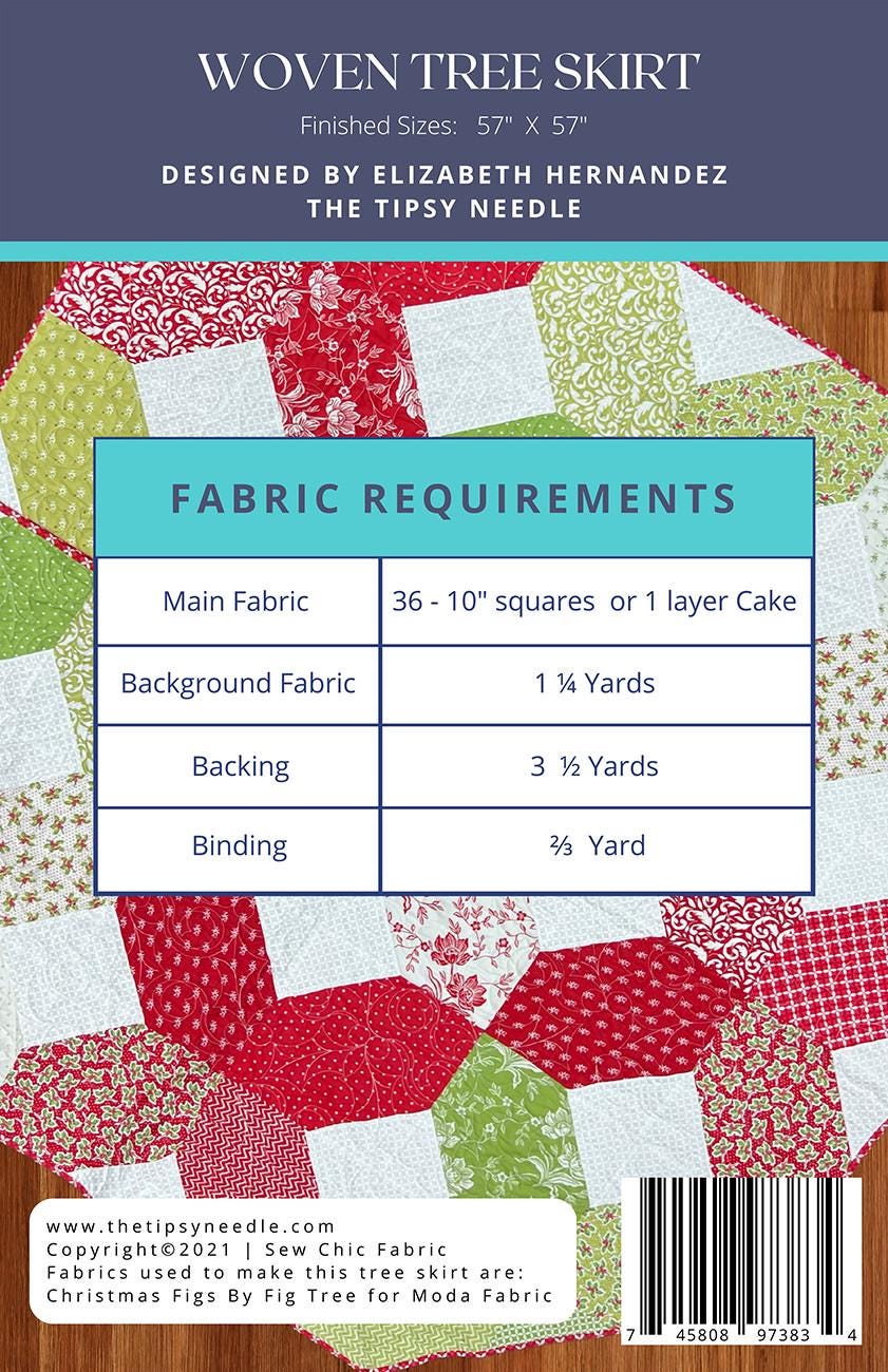 Woven Tree Skirt Quilt Pattern, The Tipsy Needle TTN111, 10" Precut Layer Cake Squares Friendly Christmas Xmas Tree Skirt Pattern, Hernandez