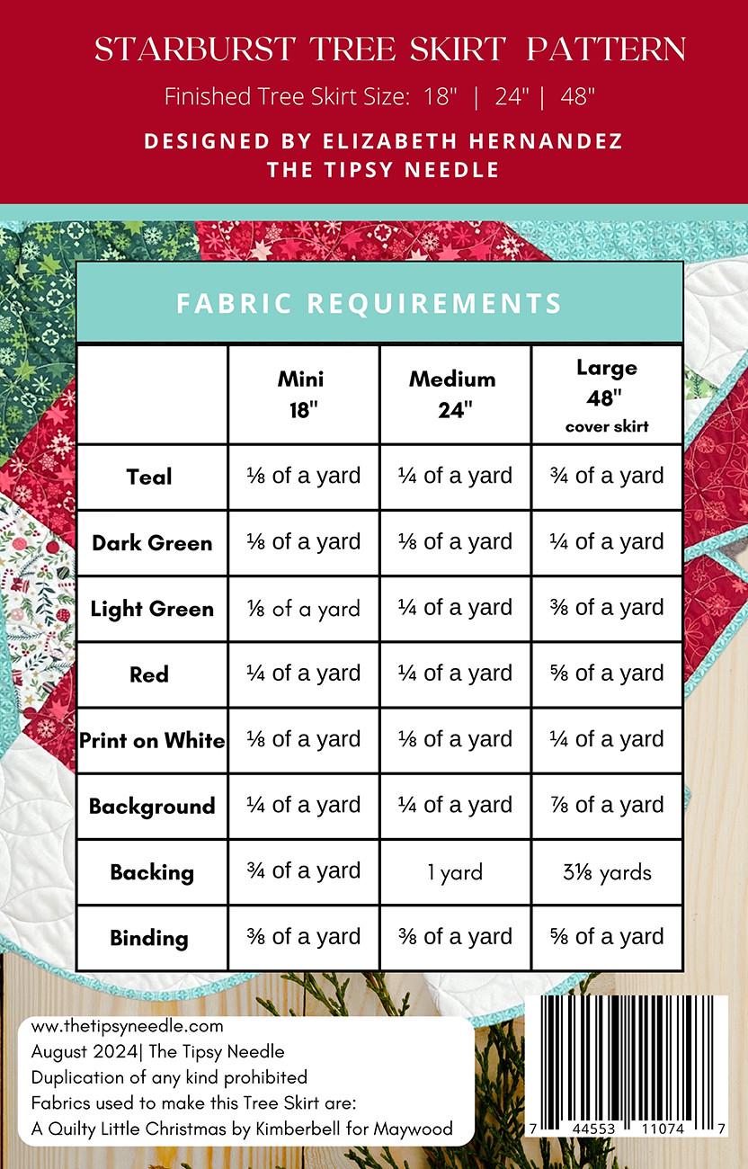 Starburst Tree Skirt Quilt Pattern, The Tipsy Needle TTN134, Yardage Friendly Christmas Xmas Tree Skirt Pattern, Elizabeth Hernandez