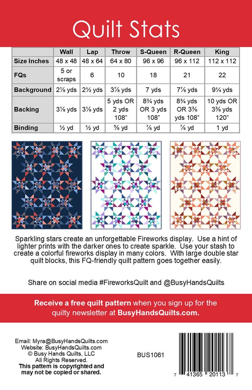 Fireworks Quilt Pattern, Busy Hands Quilts BUS1061, Fat Quarter FQ Friendly Wall Throw Queen King Bed Double Star Quilt Pattern