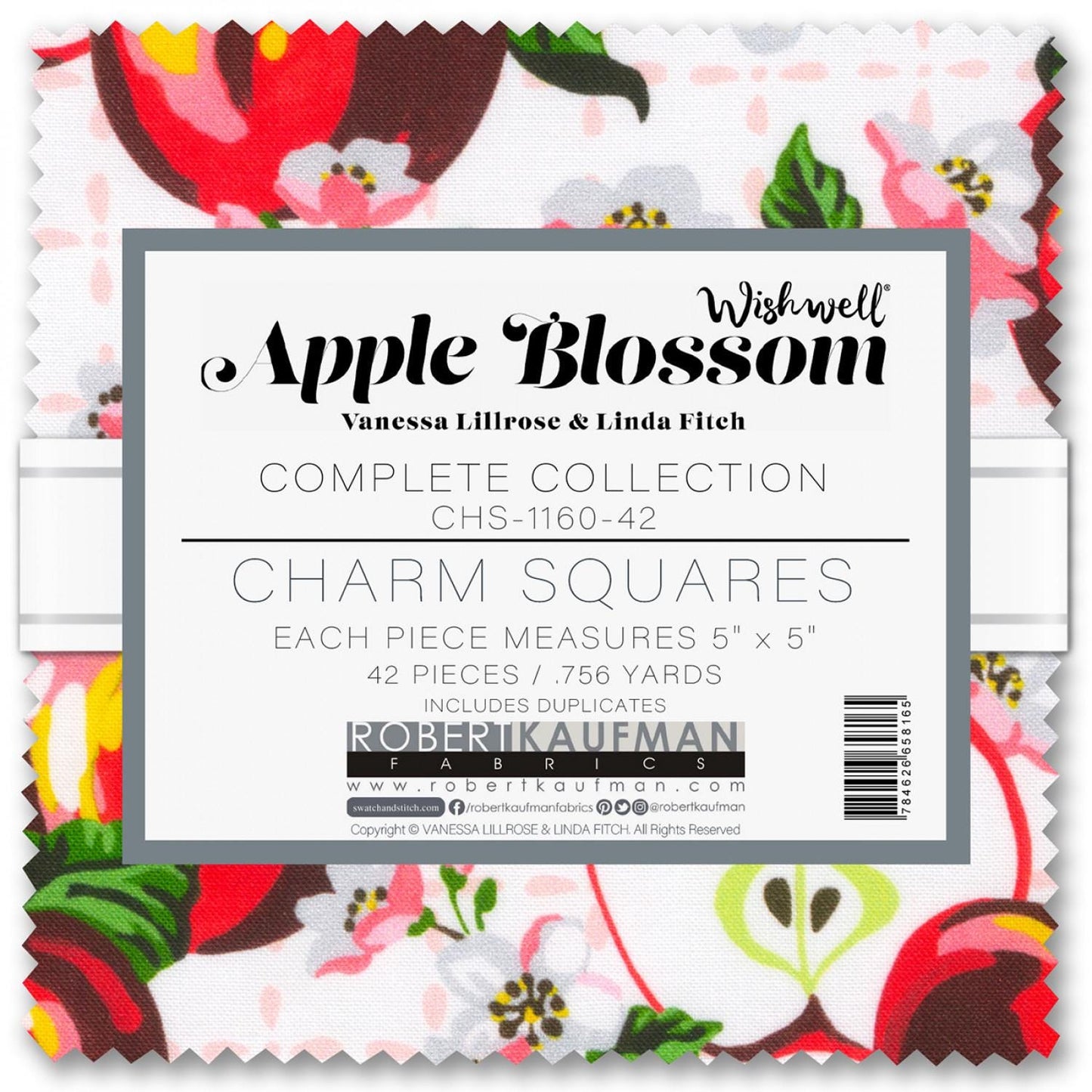 Apple Blossom Squares, Robert Kaufman CHS-1160-42, 5" Precut Green Teal Red Peach Apples Floral Fabric Squares
