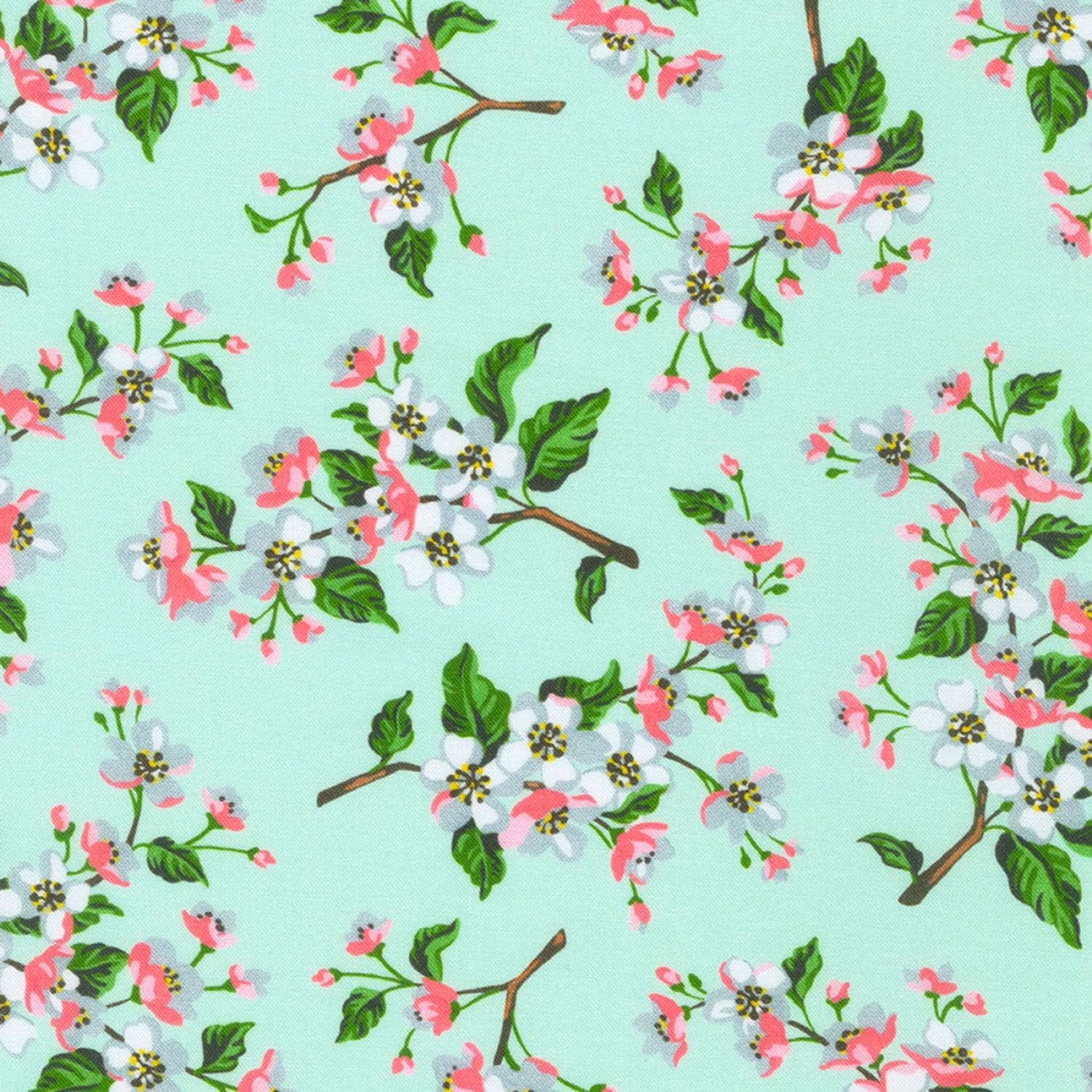 Apple Blossom Squares, Robert Kaufman CHS-1160-42, 5" Precut Green Teal Red Peach Apples Floral Fabric Squares