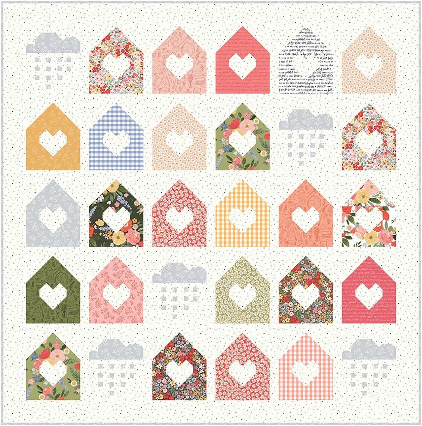 Silver Linings Quilt KIT, Riley Blake KT-15760, Floral Charms Heart Houses Raining Clouds Lap Wall Quilt Kit, Kelsey Carlson, Wendy Sheppard
