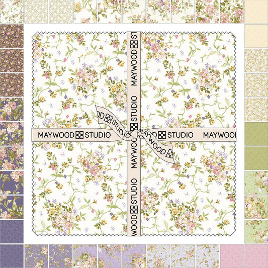 Grand Entrance 10" Squares, Maywood Studio SQ-MASGREN, 10" Precut Pink Purple Green Gold Metallic Floral Fabric Squares
