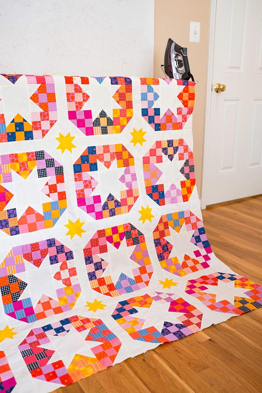 Disco Stars Quilt Pattern, Modernly Morgan MM031, Fat Quarter Eighths FQ F8 Friendly Patchwork Stars Throw or Bed Quilt Pattern, McCullough