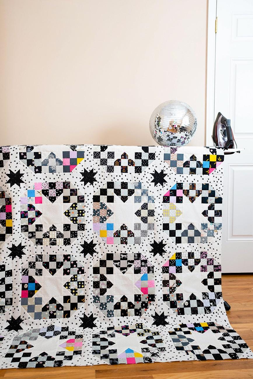 Disco Stars Quilt Pattern, Modernly Morgan MM031, Fat Quarter Eighths FQ F8 Friendly Patchwork Stars Throw or Bed Quilt Pattern, McCullough