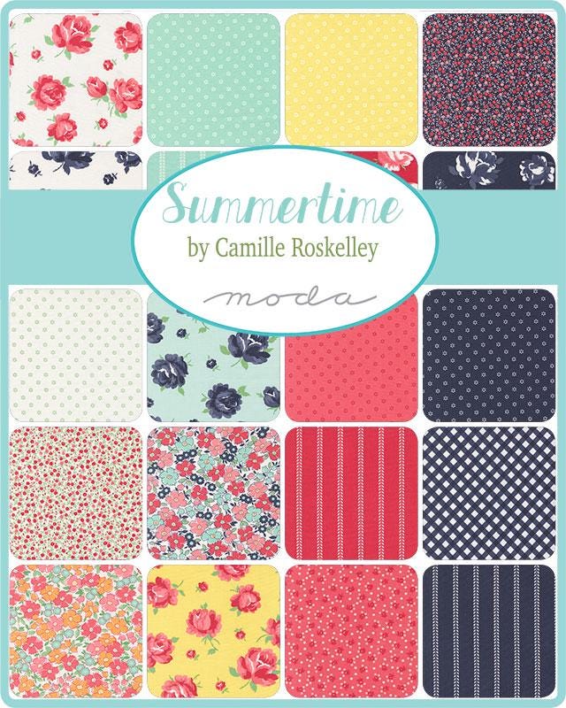 Summertime 5" Charm Pack, Moda 55320PP, 5" Precut Pink Blue Green Red Floral Charm Pack Fabric Squares, Camille Roskelley