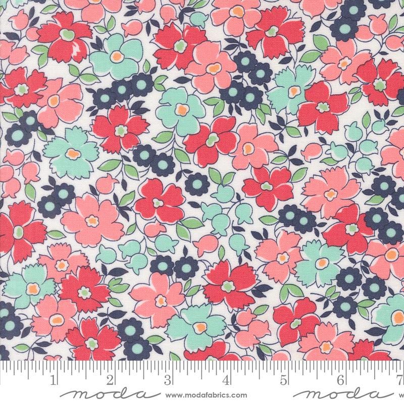 Summertime 5" Charm Pack, Moda 55320PP, 5" Precut Pink Blue Green Red Floral Charm Pack Fabric Squares, Camille Roskelley