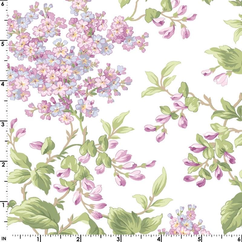 Sugar Lilac - Pink Lavender Lilacs on White Fabric, Maywood Studio MAS10620-W, Pink Green White Floral Cotton Quilting Fabric, By the Yard