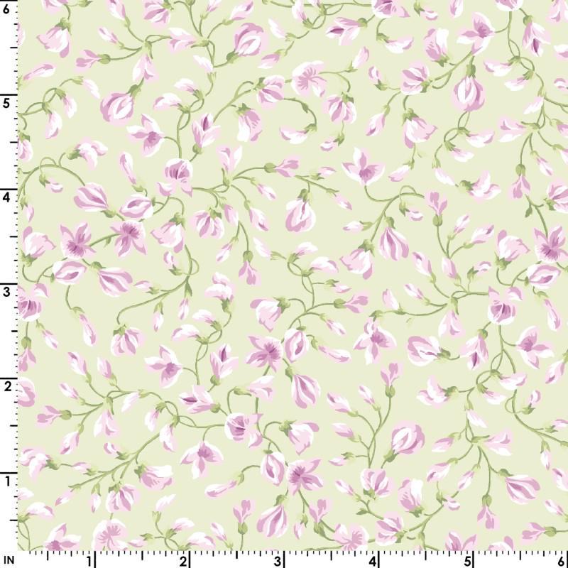 Sugar Lilac - Pink Lilac Buds on Green Fabric, Maywood Studio MAS10622-G, Pink Green Floral Cotton Quilting Fabric, By the Yard